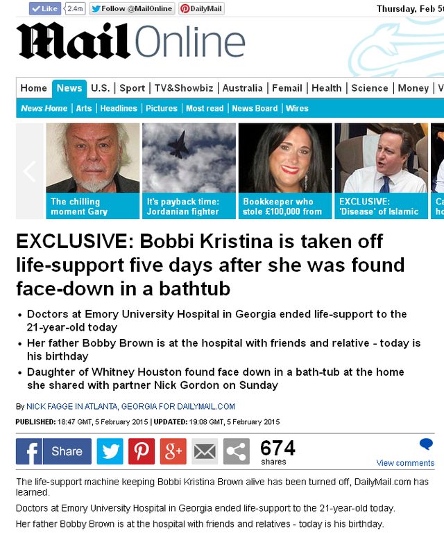 Odłączono aparaturę podtrzymującą życie Bobbi Kristiny Brown