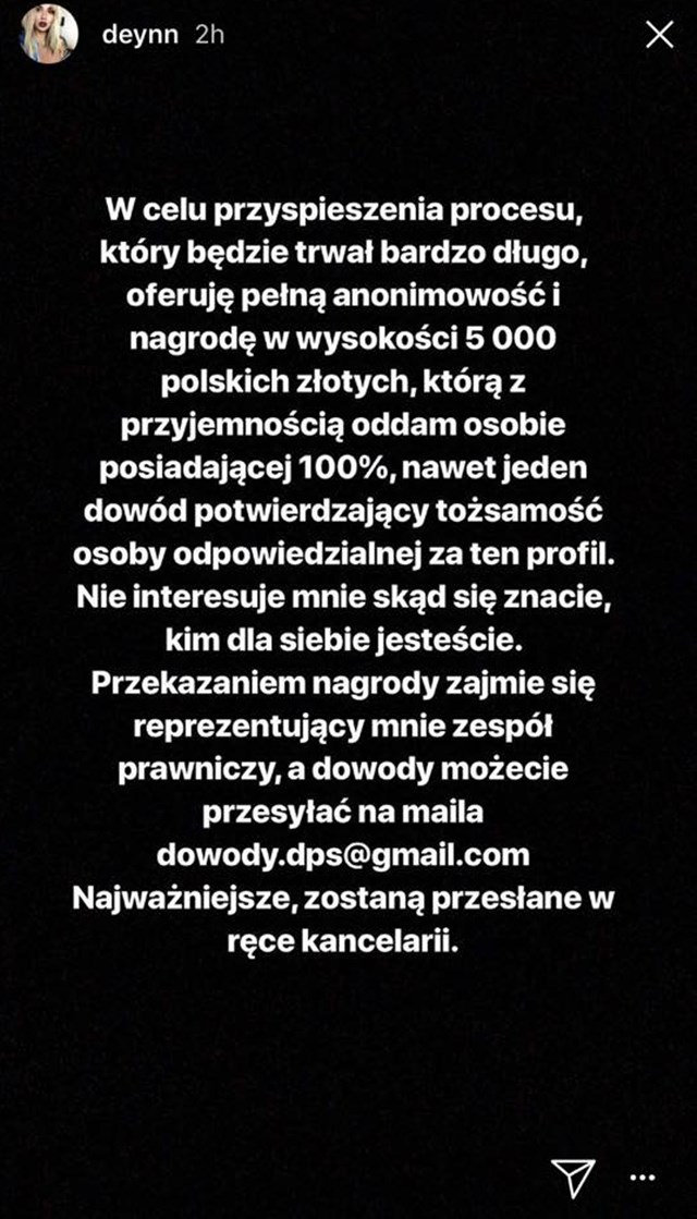 Deynn da 5000zł za dowody przeciwko HEJTEROM