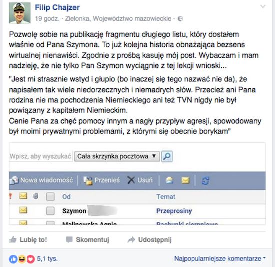 Władze SWJP reagują na wypowiedzi hejtera Filipa Chajzera