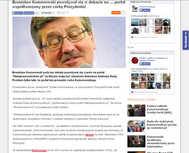 Komorowski reklamował stronę współtworzoną przez córkę