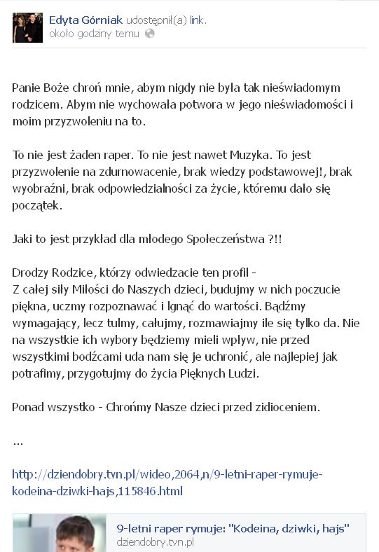 Górniak oburzona 9-letnim raperem śpiewającym o dz*wkach Górniak oburzona 9-letnim raperem śpiewającym o dz*wkach