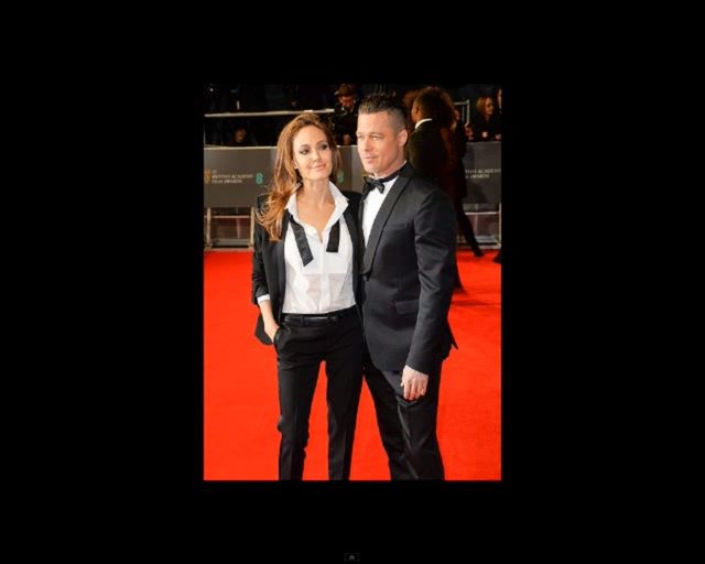 Angelina Jolie w garniturze na czerwonym dywanie BAFTA 2014 Angelina Jolie w garniturze na czerwonym dywanie BAFTA 2014