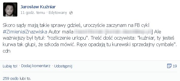 Jarosław Kuźniar upublicznia dane hejterów na Facebooku