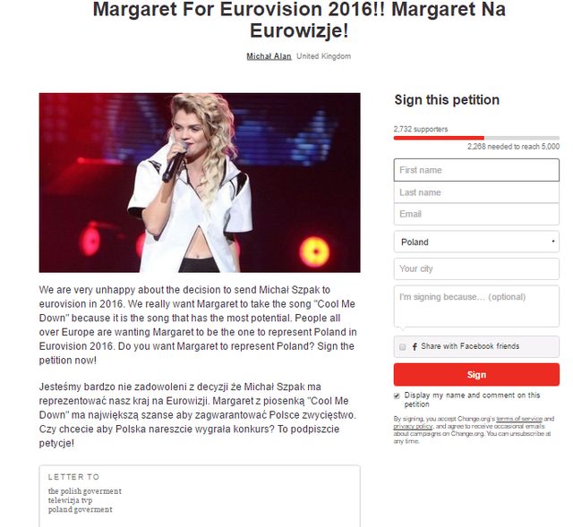 Eurowizja 2016: Fani Margaret chcą odwołania Michała Szpaka! Eurowizja 2016: Fani Margaret chcą odwołania Michała Szpaka!