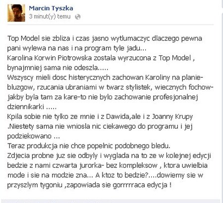 Tyszka: Korwin-Piotrowska została wyrzucona z Top Model! Tyszka: Korwin-Piotrowska została wyrzucona z Top Model!