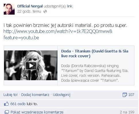 Nergal zachwycony coverem Dody Nergal zachwycony coverem Dody