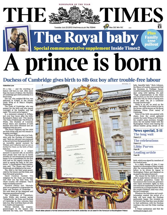 Okładki brytyjskiej prasy krzyczą: Jest syn!