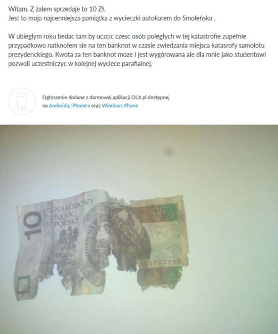 Szokująca aukcja: Bankot 10 zł ze Smoleńska! 