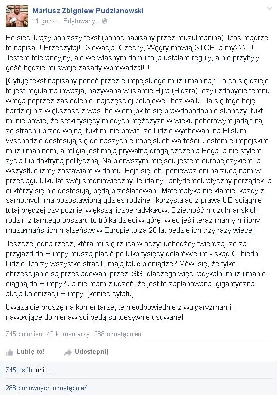 Pudzian o imigrantach: We własnym domu to ja ustalam reguły