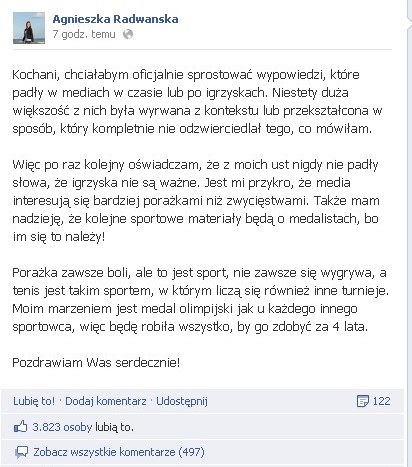 Radwańska prostuje: Nie mówiłam, że igrzyska nie są ważne Radwańska prostuje: Nie mówiłam, że igrzyska nie są ważne