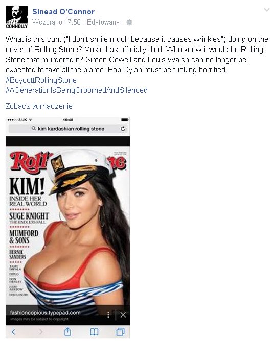 Co ta ci*a robi na okładce RS? - pyta Sinead O'Connor o Kim