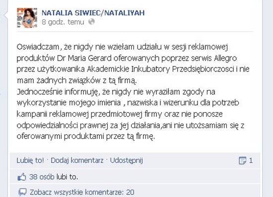 Natalia Siwiec mówi, że nie reklamuje kremu do odbytu