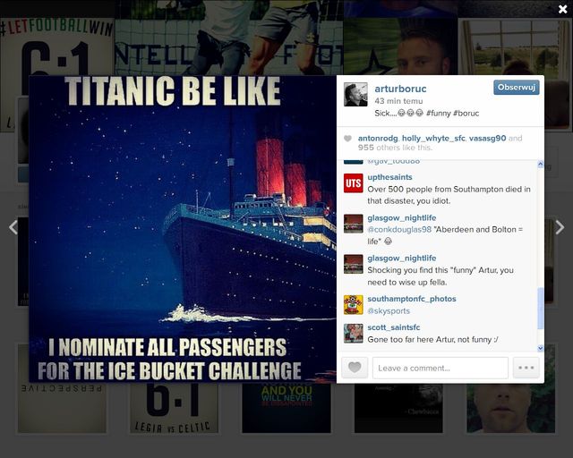 Fani krytykują Artura Boruca za mema o splashu Titanica 
