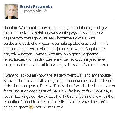 Urszula Radwańska przeszła poważną operację