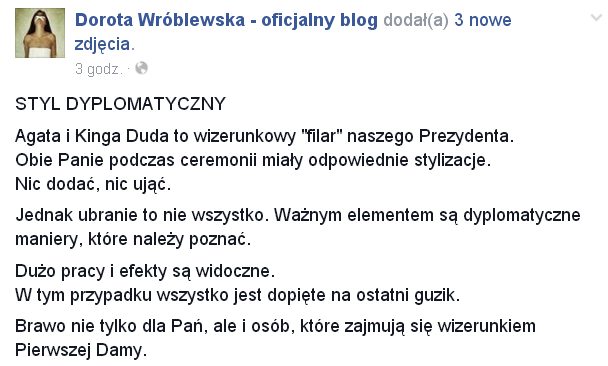 Dorota Wróblewska chwali Pierwszą Damę i jej córkę (FB)