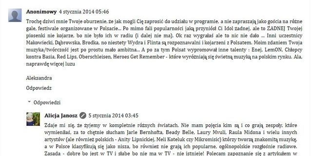 Ala Janosz: Nie mam pojęcia kim są Enej, Lemon, Red Lips