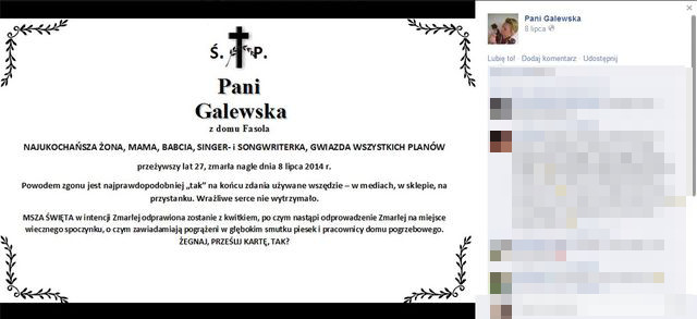 Nekrolog na Facebooku uczestniczki The Voice of Poland FOTO Nekrolog na Facebooku uczestniczki The Voice of Poland FOTO