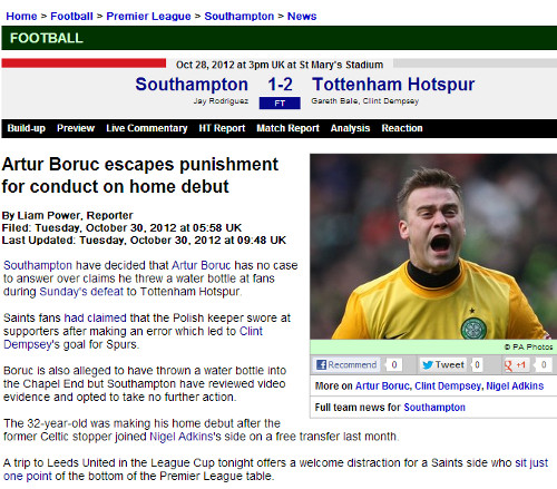 Artur Boruc rzucił butelką w trybunę rodzinną