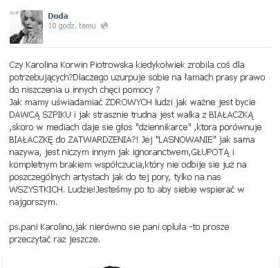 Doda krytykuje Korwin-Piotrowską za lans Honey na chorobę