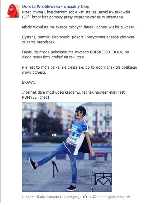 Znana fashionistka o Kwiatkowskim:Dystans, skromność, pokora