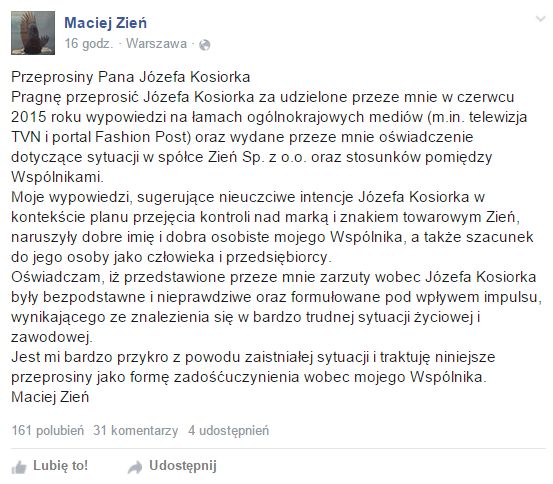 Nowe informacje w sprawie spółki Zień (FB)