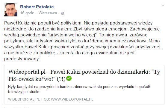 Robert Patoleta ostro pojechał po Pawle Kukizie