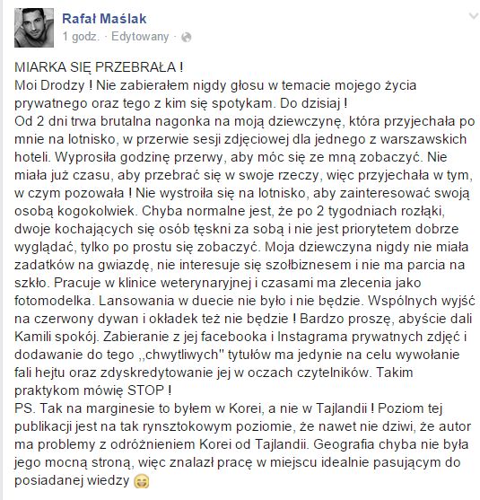 Rafał Maślak o swojej dziewczynie: Miarka się przebrała!