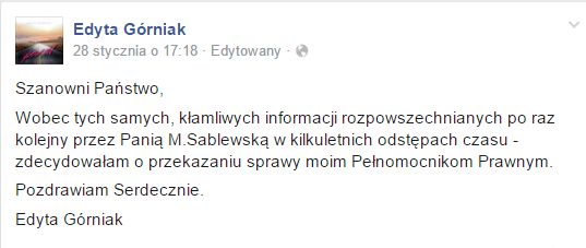 Manedżer Sablewskiej o zapowiadanym pozwie Edyty Górniak