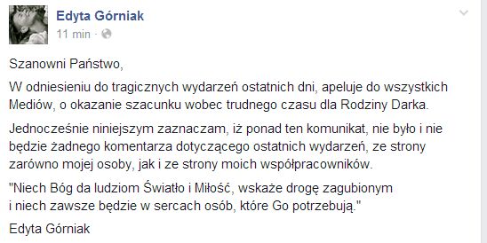 Jest oficjalny komunikat Edyty Górniak w sprawie Dariusza K.