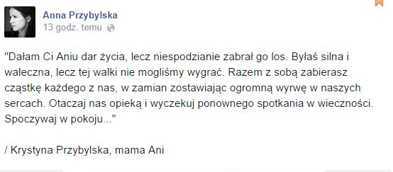 Opublikowano list pożegnalny Przybylskiej Opublikowano list pożegnalny Przybylskiej