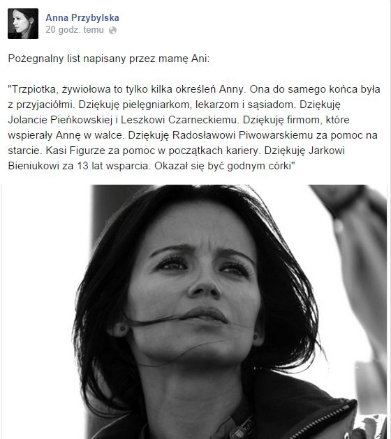 Opublikowano list pożegnalny Przybylskiej Opublikowano list pożegnalny Przybylskiej