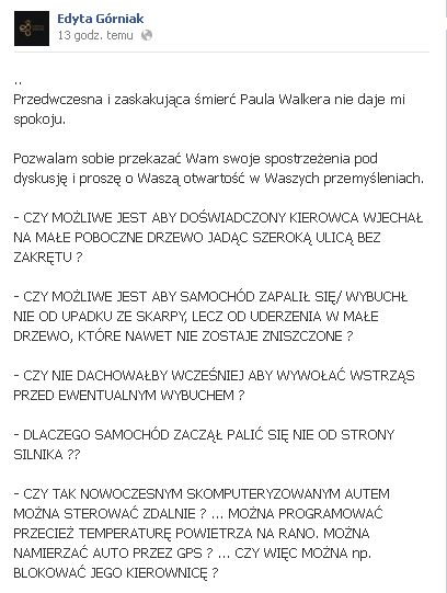 Górniak: Informacje o powodzie śmierci Walkera nie są prawdą Górniak: Informacje o powodzie śmierci Walkera nie są prawdą
