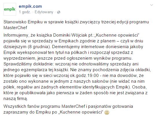 Jest oświadczenie Empiku wsprawie książki z MasterChefa