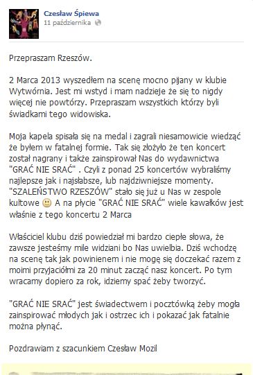 Czesław Mozil: Wyszedłem na scenę mocno pijany. Przepraszam