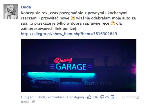 Doda sprzedaje samochód na Allegro Doda sprzedaje samochód na Allegro