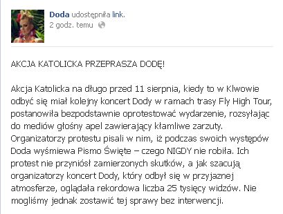 Akcja Katolicka przeprosiła Dodę Akcja Katolicka przeprosiła Dodę