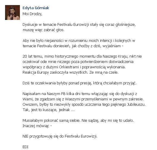 Górniak skomentowała doniesienia o jej udziale w Eurowizji