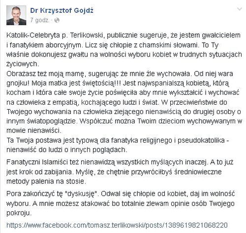 Bardzo OSTRE słowa Krzysztofa Gojdzia pod adresem Tomasza Terlikowskiego