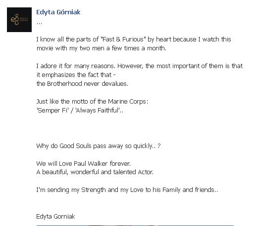 Edyta Górniak ubolewa nad śmiercią Paula Walkera