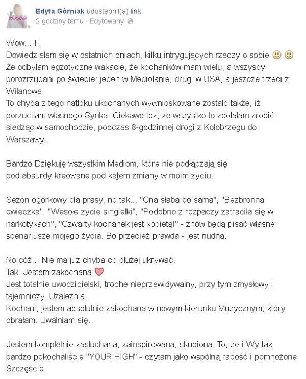 Edyta Górniak: Tak. JESTEM ZAKOCHANA