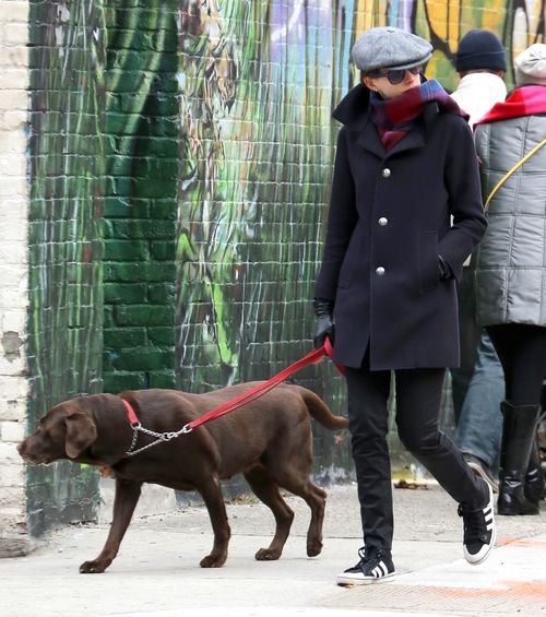 Zamaskowana Anne Hathaway wyprowadza psa