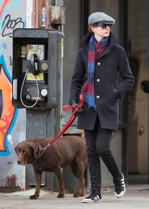 Zamaskowana Anne Hathaway wyprowadza psa Zamaskowana Anne Hathaway wyprowadza psa