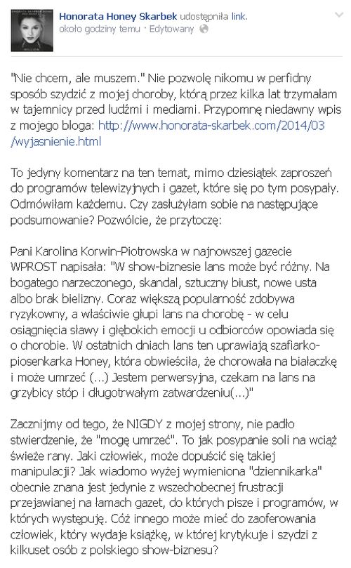 Honey oburzona artykułem Korwin-Piotrowskiej o lansie na cho