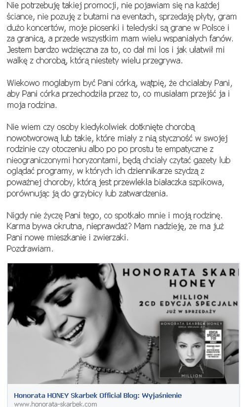 Honey oburzona artykułem Korwin-Piotrowskiej o lansie na cho