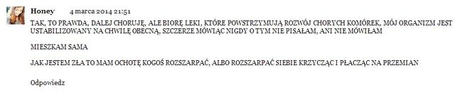 Szok! Honey zmaga się z nowotworem