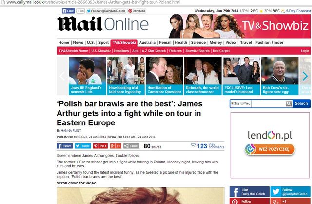 Zagraniczne media piszą o pobiciu Jamesa Arthura w Polsce