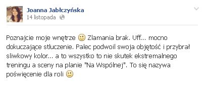 Joanna Jabłczyńska miała wypadek na planie serialu!