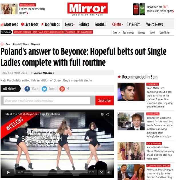 Kaja Paschalska jako Beyonce zauważona w zachodnich mediach 