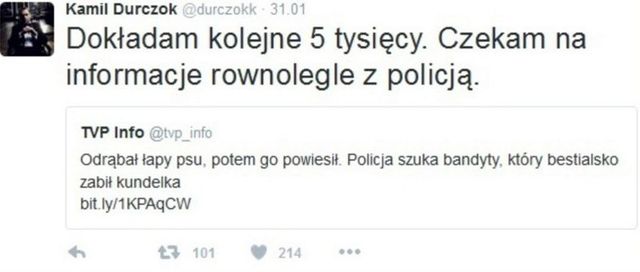 Durczok płaci za znalezienie sadysty, który zabił psa Twitt
