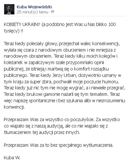 Kuba Wojewódzki przeprasza Ukrainki żyjące w Polsce Kuba Wojewódzki przeprasza Ukrainki żyjące w Polsce